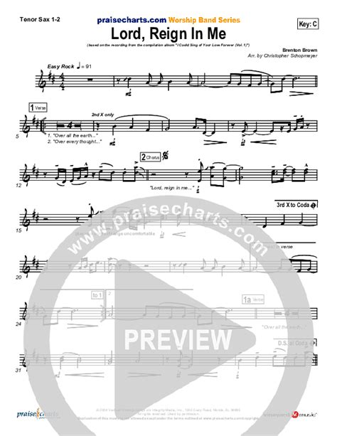 Lord Reign In Me Tenor Sax Sheet Music PDF (Brenton Brown) - PraiseCharts