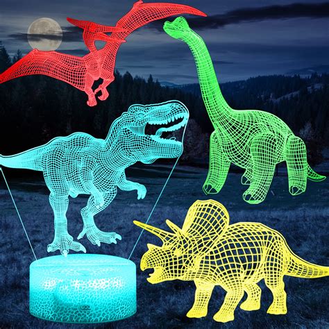 Comforhous 3D Dinosaur Night Light for Boys Room, 4-Patterns and Timing Function, 7 Color ...