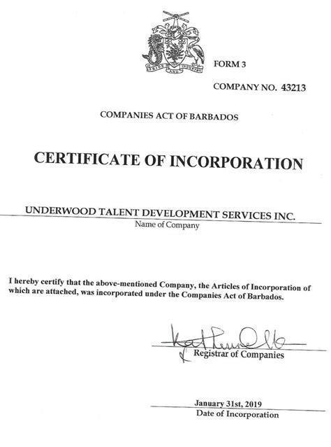 Certificate of Incorporation – Underwood Talent Development Services