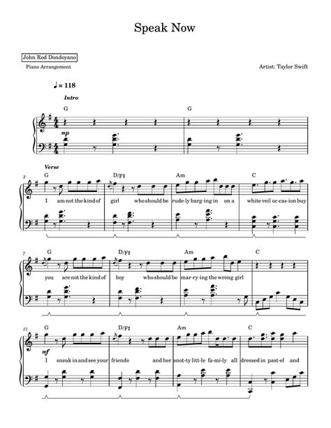 Taylor Swift - Speak Now (PIANO SHEET) Sheets by John Rod Dondoyano