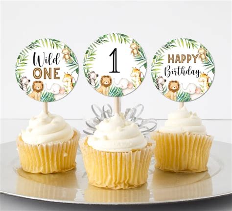 Wild One Cupcake Toppers Safari Birthday Jungle Zoo Animals First ...