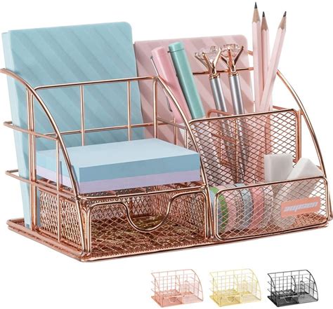 Rose Gold Desk Organizer for Women, AUPSEN Mesh Office Supplies Desk Accessories, Features 5 ...