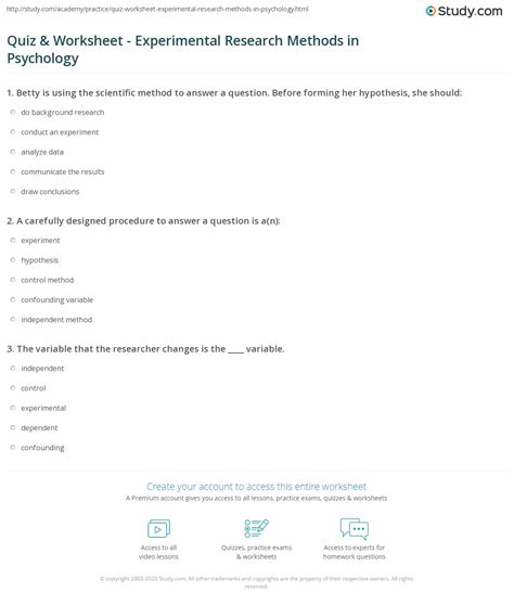 Quiz & Worksheet - Experimental Research Methods in Psychology | Study.com