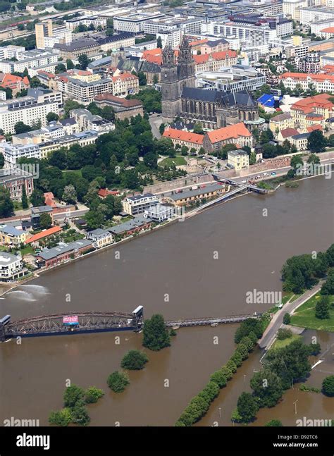 The high water level of the Elbe river is visible in Magdeburg, Germany ...