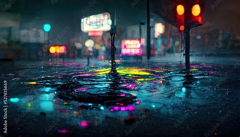 Empty night street scene. Night rain, puddles on the pavement, the reflection of city neon ...