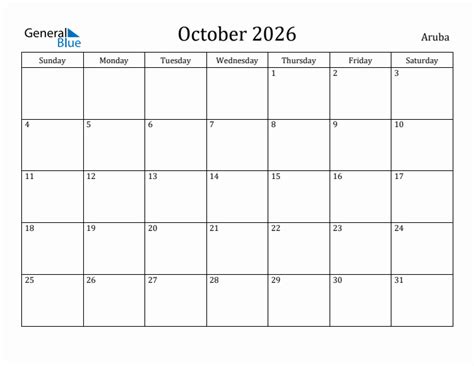 October 2026 Monthly Calendar with Aruba Holidays