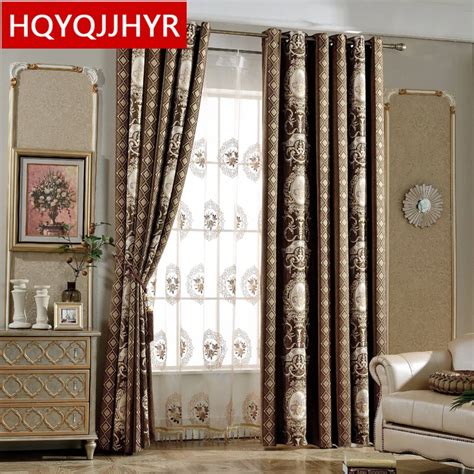 Brown/beige luxury European chenille embroidery Blackout curtains for Living Room modern simple ...