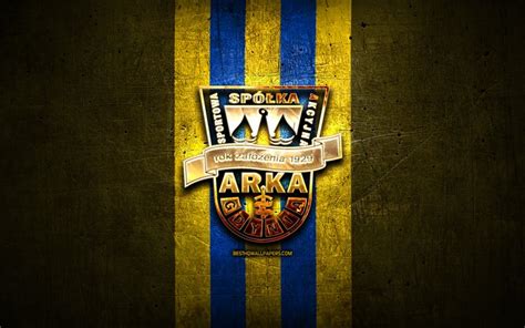 Download wallpapers Arka Gdynia FC, golden logo, Ekstraklasa, yellow metal background, football ...