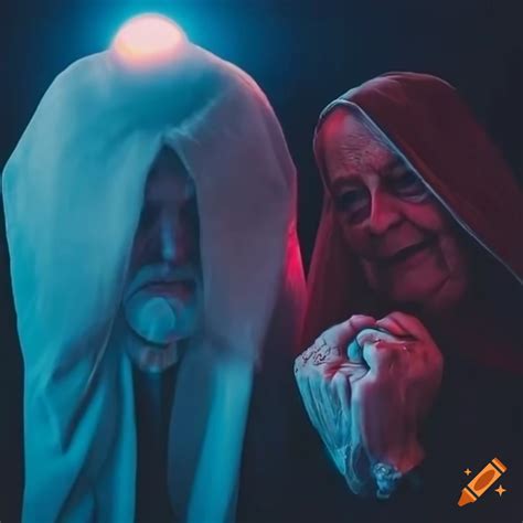 Elderly couple in dark cloaks under neon lights