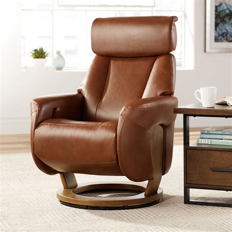 BenchMaster Brown Swivel Faux Leather Recliner Chair Modern Armchair Comfortable Manual ...