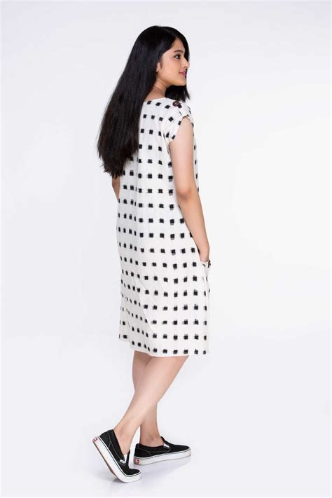 Ikat Dress online - White Ikat Dress with Buttons - LotusLane