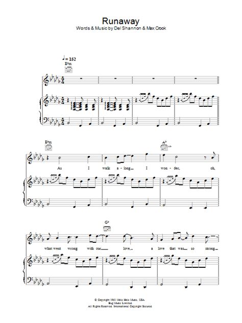 Runaway by Del Shannon Sheet Music for Piano, Vocal & Guitar Chords at Sheet Music Direct