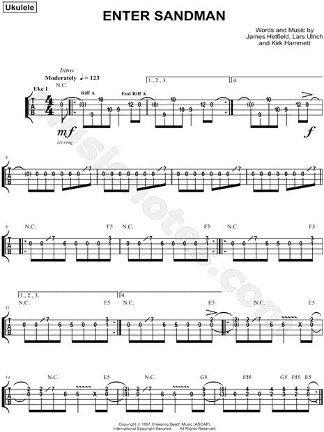 Metallica "Enter Sandman" Ukulele Tab in C Major - Download & Print ...