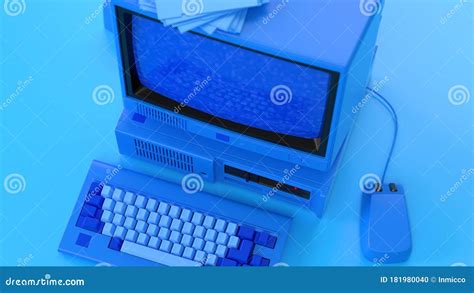 Old-fashioned Personal Computer in Retro 80s Style. Blue Laptop. 3d Render Illustration:monitor ...