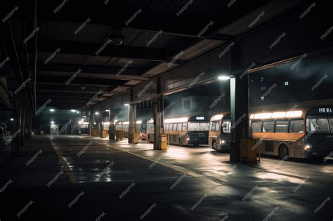 Premium AI Image | Bus depot at night with bus lights shining through the darkness