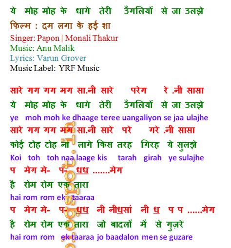 Notations of songs Gane ki Lyrics v Sargam ya Swarlipi ya Notes: Ye moh ...