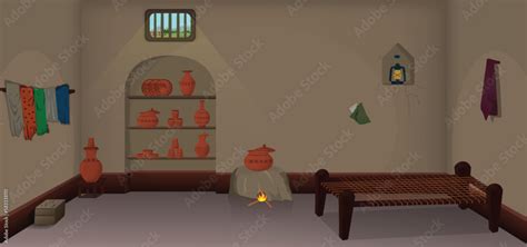 Village poor room inside cartoon background, Poor house with kitchen ...