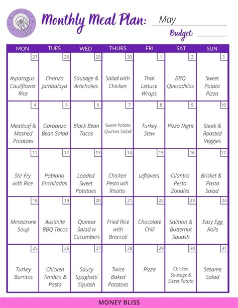 Monthly Meal Planner - Money Bliss