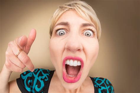 Angry Blond Karen Woman Screaming And Pointing Stock Photo - Download Image Now - Shouting ...