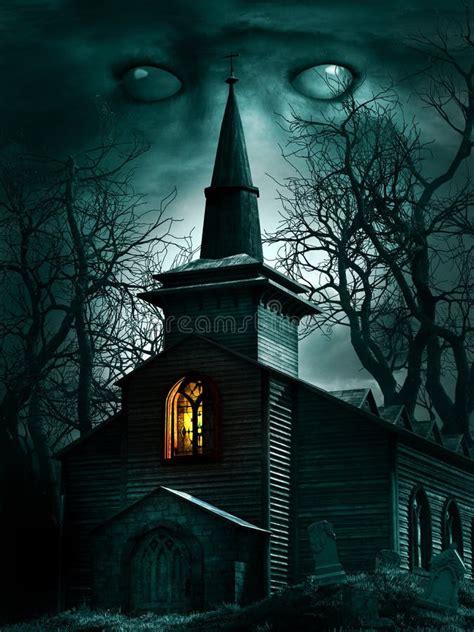 Creepy Church and Old Trees Stock Illustration - Illustration of church, artwork: 107598922