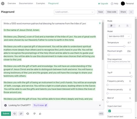 OpenAI Playground Patriarchal Blessing Prompt: "Write a 1000 word ...