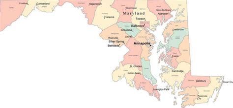 Multi Color Maryland Map with Counties, Capitals, and Major Cities