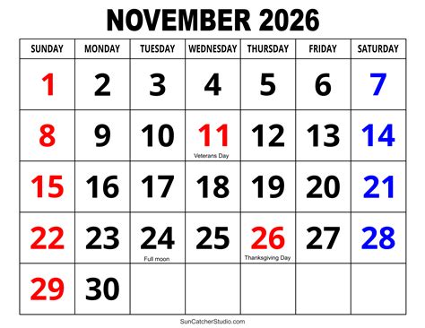 November 2026 Calendar (Free Printable) – DIY Projects, Patterns, Monograms, Designs, Templates