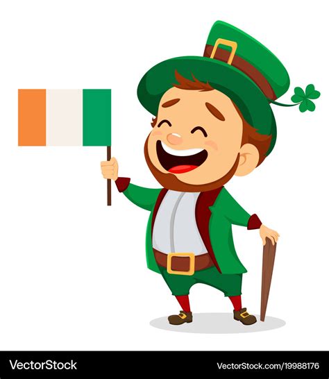 Cartoon funny leprechaun with irish flag and cane Vector Image