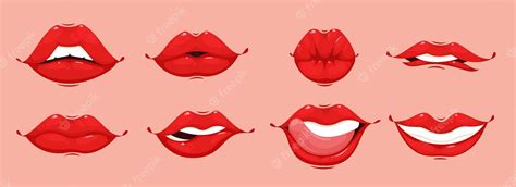 Premium Vector | Cartoon mouth woman set of lips with red lipstick makeup expressing different ...