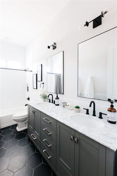 Modern Hexagon Tile | Floor & Decor | The TomKat Studio Blog | Black bathroom floor, Modern ...