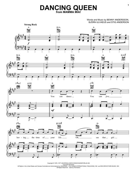 Abba "Dancing Queen" Sheet Music Notes, Chords | Melody Line, Lyrics & Chords Download Pop ...