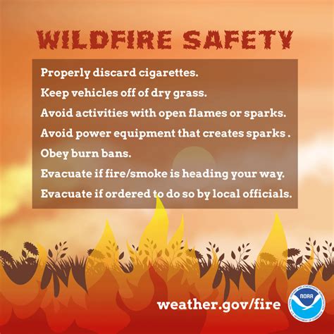 Wildfire Safety: Properly discard cigarettes. Keep vehicles off of dry grass. Avoid activities ...