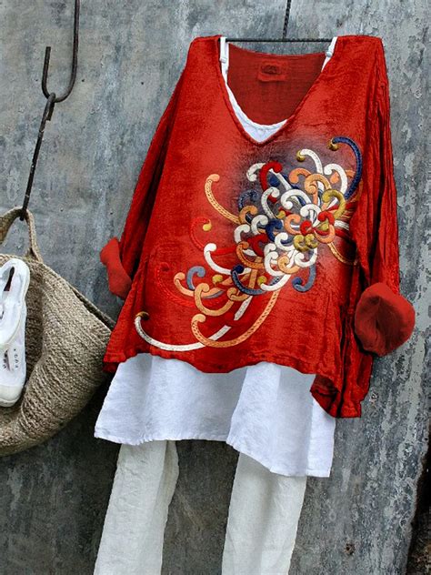 Embroidered Japanese Flower Art Linen Blend Tunic