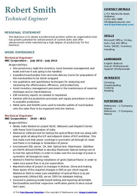 Technical Engineer Resume Samples | QwikResume