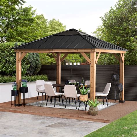 SUNJOY 10 FT. X 10 FT. CEDAR FRAMED GAZEBO WITH BLACK STEEL AND POLYCARBONATE HIP ROOF HARDTOP ...