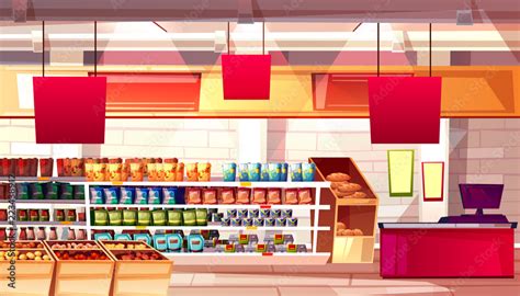 Supermarket and grocery food products on shelves vector illustration. No people on cartoon ...