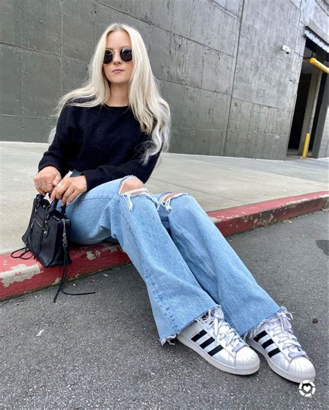 Wide leg Zara denim and black sweater with adidas sneakers | Adidas superstar outfit, Superstar ...