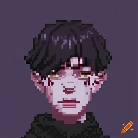Dark pixel art of a sad boy character on Craiyon