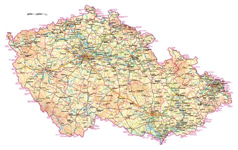 Detailed elevation map of Czech Republic with roads and all cities ...