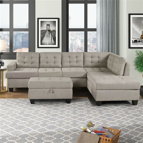 Modern 3-Piece Sectional Sofa with Chaise Lounge and Storage Ottoman, L Shape Couch Living Room ...