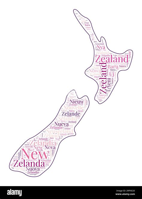 New Zealand shape filled with country name in many languages. New Zealand map in wordcloud style ...