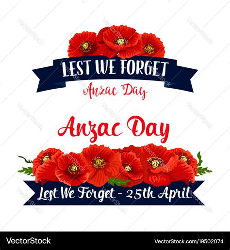 Anzac day lest we forget red poppy ribbons Vector Image