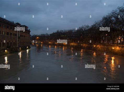 rome. the flood of the tiber river.the wharfs of the riverside are ...