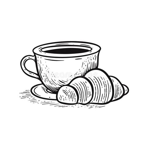 Coffee Mug and Croissant Black Color Sketch Art Vector Illustration ...