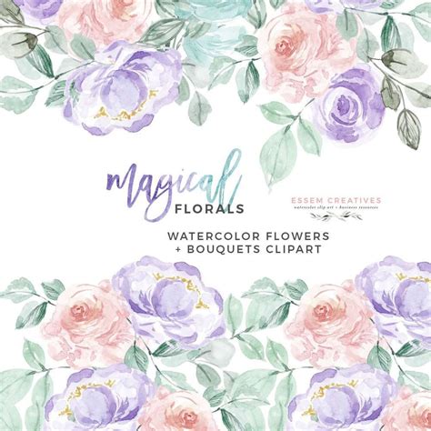 Watercolor Flowers Clipart PNG with transparent background, Purple Pink Pastel Floral Graphics