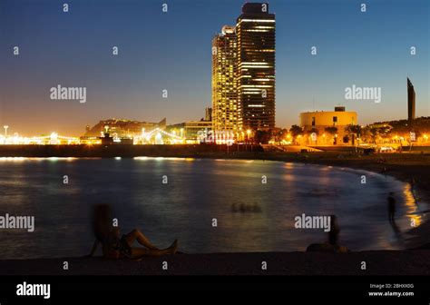 Famous Barceloneta beach on Mediterranean in Barcelona in night lights ...