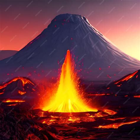 Premium AI Image | Night landscape with volcano and burning lava Volcano eruption fantasy ...
