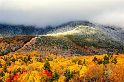 Autumn Foliage And Snow On The Slopes Of Mount Washington Stock Photo & More Pictures of ...