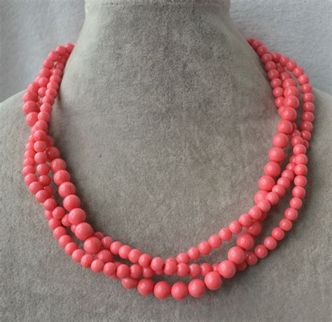 Pink Coral Bead Necklace 3 Strands Coral Pearl Necklace - Etsy