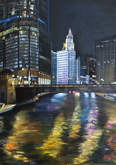 Chicago Night Oil Painting 12x18in Giclee Print - Etsy